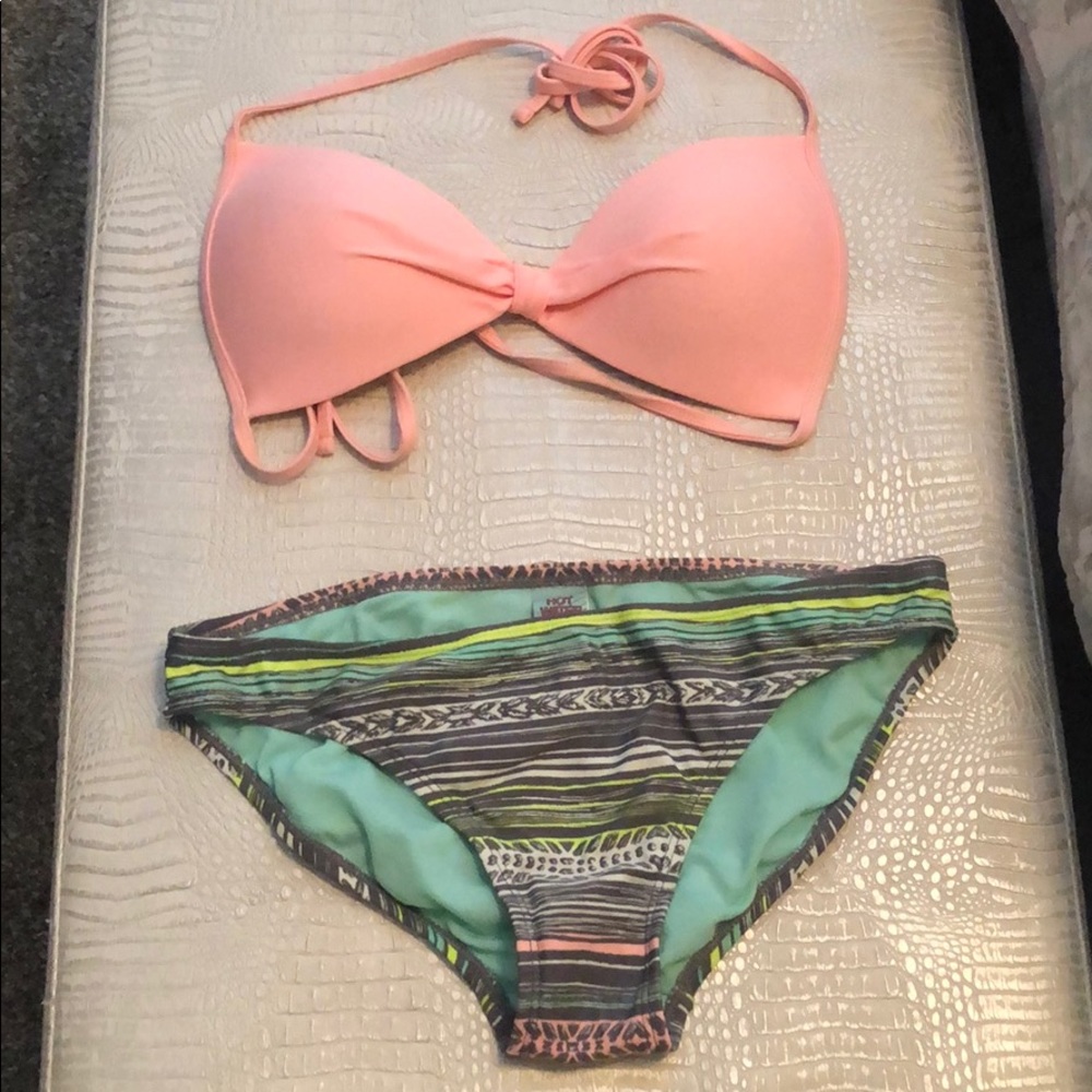 Bikini peach top and fun bottoms.